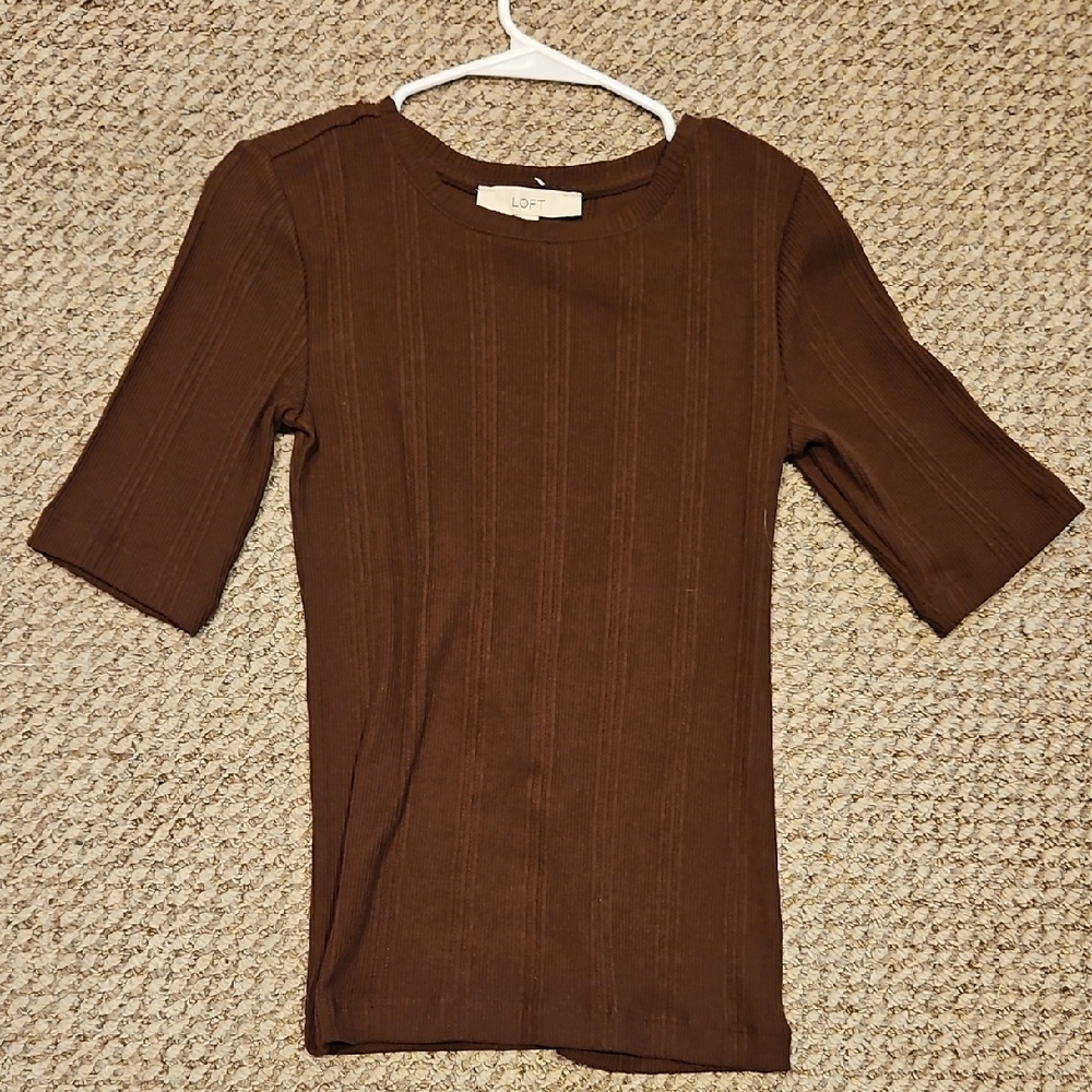 Nwt Loft Chocolate Dark Brown Ribbed Crew 3/4 Sleeve Top Shirt Small S